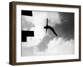 Excellent of Man Silhouetted Against Sky Doing Back Dive Off High Board-Rex Hardy Jr.-Framed Photographic Print