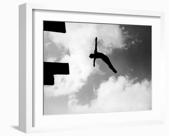 Excellent of Man Silhouetted Against Sky Doing Back Dive Off High Board-Rex Hardy Jr.-Framed Photographic Print