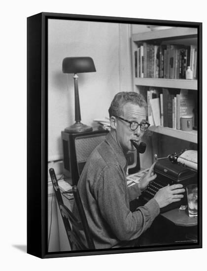 Excellent of Pulitzer Prize Winning Journalist Murray Kempton Smoking Pipe at Typewriter-Martha Holmes-Framed Stretched Canvas