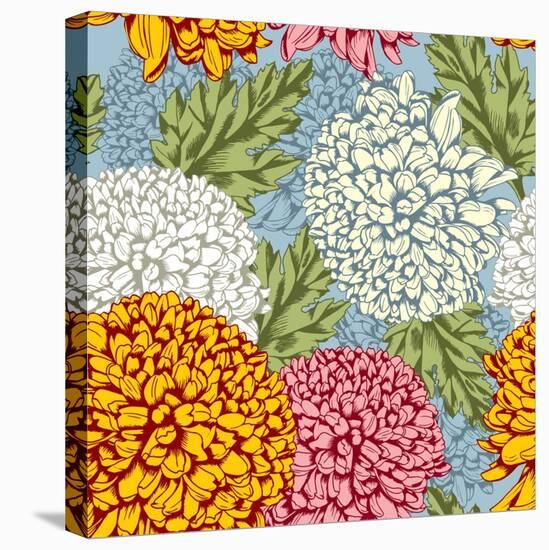 Excellent Seamless Pattern with Chrysanthemum on Gray Background-Pagina-Stretched Canvas
