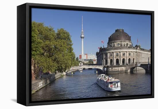 Excursion boat on Spree River, Bode Museum, Museum Island, UNESCO World Heritage, Berlin, Germany-Markus Lange-Framed Stretched Canvas