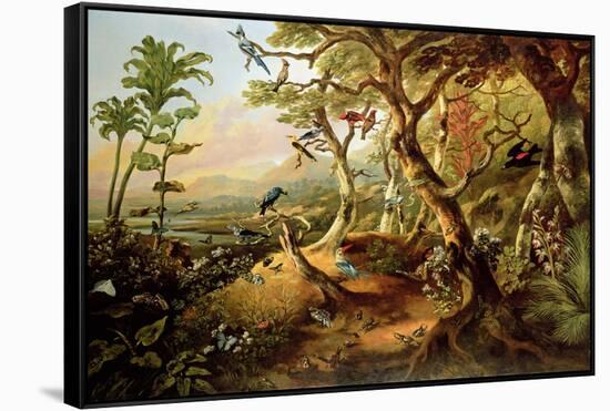 Exotic Birds and Insects Among Trees and Foliage in a Mountainous River Landscape-Philip Reinagle-Framed Stretched Canvas