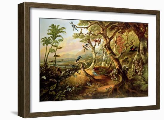 Exotic Birds and Insects Among Trees and Foliage in a Mountainous River Landscape-Philip Reinagle-Framed Giclee Print