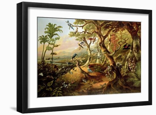 Exotic Birds and Insects Among Trees and Foliage in a Mountainous River Landscape-Philip Reinagle-Framed Giclee Print