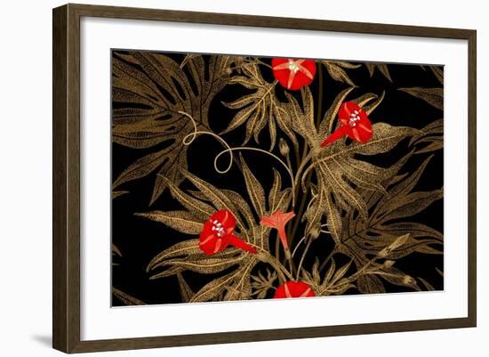 Exotic Climbing Plant Ivy. Vector Seamless Floral Pattern. Golden Branch, Leaves, Red Flowers on Bl-mamita-Framed Art Print