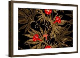 Exotic Climbing Plant Ivy. Vector Seamless Floral Pattern. Golden Branch, Leaves, Red Flowers on Bl-mamita-Framed Art Print
