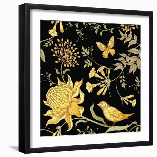 Exotic Flowers, Birds and Butterflies. Seamless Vector Floral Pattern in Style Vintage Luxury Fabri-mamita-Framed Art Print