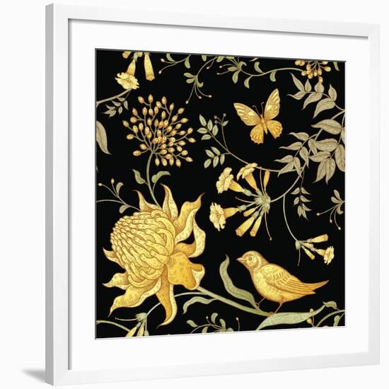 Exotic Flowers, Birds and Butterflies. Seamless Vector Floral Pattern in Style Vintage Luxury Fabri-mamita-Framed Art Print