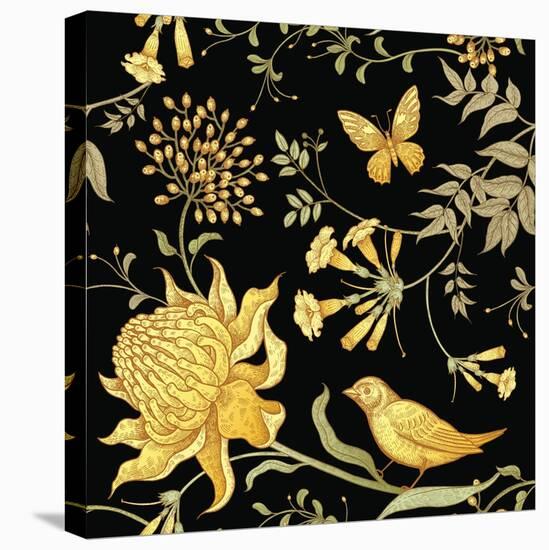 Exotic Flowers, Birds and Butterflies. Seamless Vector Floral Pattern in Style Vintage Luxury Fabri-mamita-Stretched Canvas