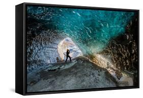 Exploring a Glacial Ice Cave, Svinafellsjokull, Iceland-null-Framed Stretched Canvas