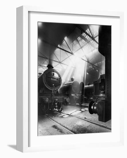 Express Locomotives Stabled in the Engine Sheds at Euston Station-null-Framed Art Print