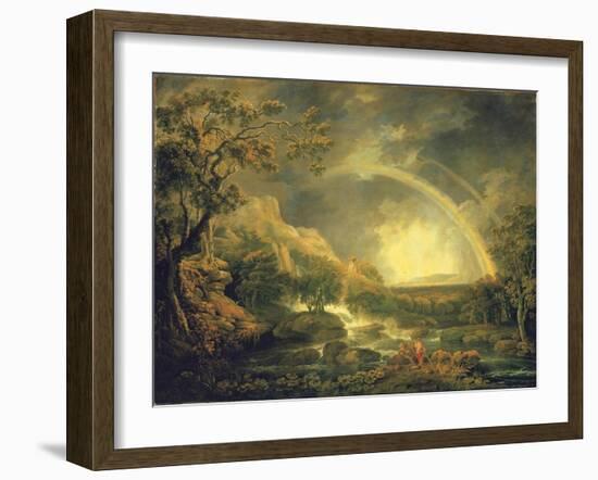 Extensive Wooded River Landscape, with Anglers Beside a Pool Below a Waterfall, and a Rainbow-George the Elder Barret-Framed Giclee Print