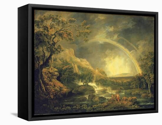 Extensive Wooded River Landscape, with Anglers Beside a Pool Below a Waterfall, and a Rainbow-George the Elder Barret-Framed Stretched Canvas