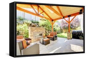 Exterior Covered Patio with Fireplace and Furniture-Iriana Shiyan-Framed Stretched Canvas