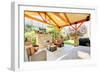 Exterior Covered Patio with Fireplace and Furniture-Iriana Shiyan-Framed Photographic Print