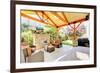 Exterior Covered Patio with Fireplace and Furniture-Iriana Shiyan-Framed Photographic Print