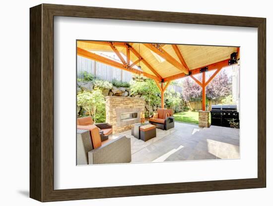 Exterior Covered Patio with Fireplace and Furniture-Iriana Shiyan-Framed Photographic Print