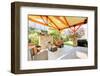 Exterior Covered Patio with Fireplace and Furniture-Iriana Shiyan-Framed Photographic Print