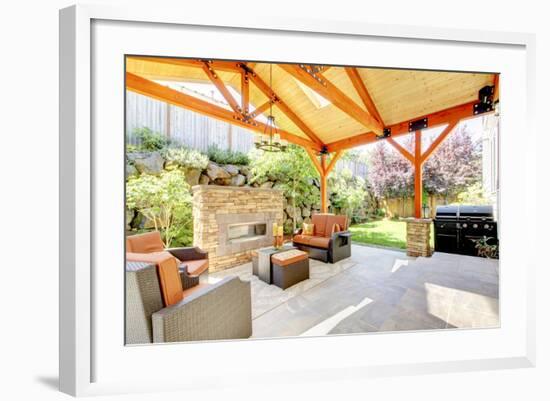 Exterior Covered Patio with Fireplace and Furniture-Iriana Shiyan-Framed Photographic Print