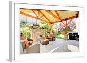 Exterior Covered Patio with Fireplace and Furniture-Iriana Shiyan-Framed Photographic Print