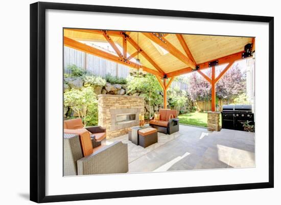 Exterior Covered Patio with Fireplace and Furniture-Iriana Shiyan-Framed Photographic Print