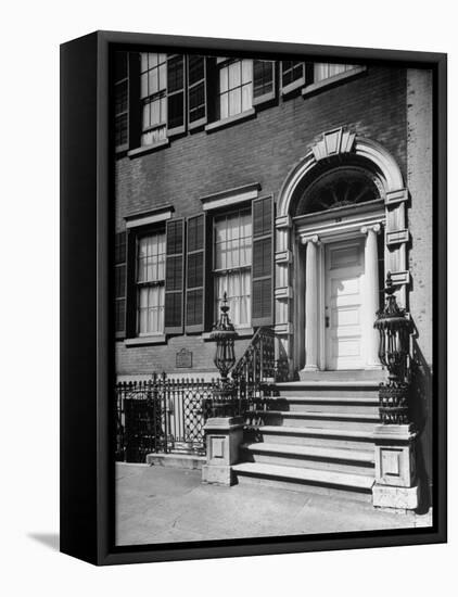 Exterior Facade of the Landmark 19th Century Merchant House with Handsome Wrought-Iron Balustrade-Walter Sanders-Framed Stretched Canvas