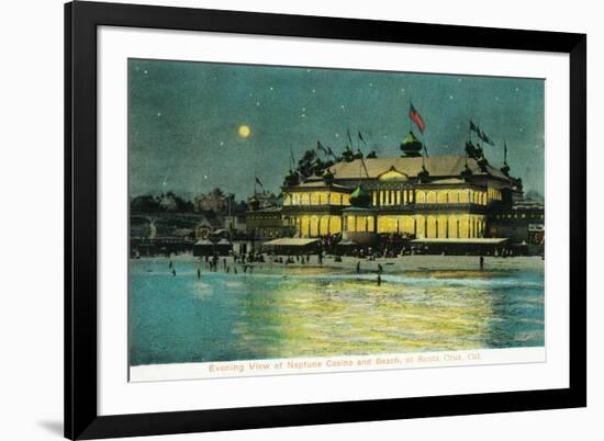 Exterior Night View of the Neptune Casino and Beach - Santa Cruz, CA-Lantern Press-Framed Premium Giclee Print