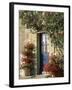 Exterior of a Blue Door Surrounded by Red Flowers, Roses and Geraniums, St. Cado, Brittany, France-Ruth Tomlinson-Framed Photographic Print