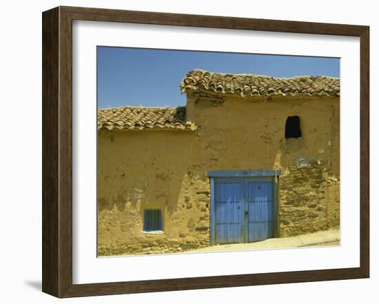 Exterior of an Adobe House with a Tile Roof and Blue Door, Salamanca, Castile Leon, Spain-Michael Busselle-Framed Photographic Print