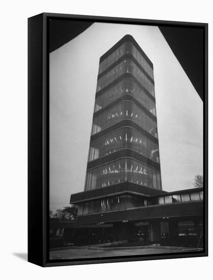 Exterior of Modern Research Tower Built by Frank Lloyd Wright For Johnson Wax Co-Eliot Elisofon-Framed Stretched Canvas