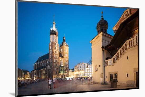 Exterior of Saint Mary's Basilica in Market Square at night, Krakow, Poland-Ben Pipe-Mounted Photographic Print