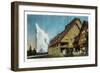 Exterior View of Old Faithful Inn and Geyser, Yellowstone National Park, Wyoming-Lantern Press-Framed Art Print