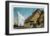 Exterior View of Old Faithful Inn and Geyser, Yellowstone National Park, Wyoming-Lantern Press-Framed Art Print