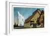 Exterior View of Old Faithful Inn and Geyser, Yellowstone National Park, Wyoming-Lantern Press-Framed Art Print