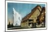 Exterior View of Old Faithful Inn and Geyser, Yellowstone National Park, Wyoming-Lantern Press-Mounted Art Print
