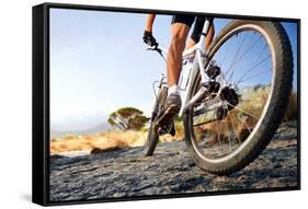 Extreme Mountain Bike Sport Athlete Man Riding Outdoors Lifestyle Trail-warrengoldswain-Framed Stretched Canvas