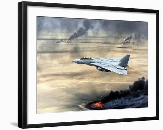 F-14 Fighter Flies over Burning Kuwaiti Oil During First Gulf War, March 1, 1991-null-Framed Photo