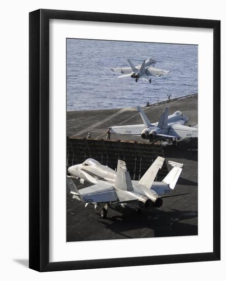 F-A-18 Hornets Prepare to Launch from the Flight Deck of USS Nimitz-null-Framed Photographic Print