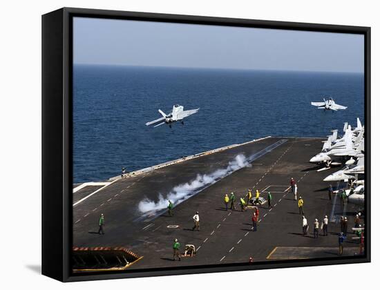 F/A-18F Super Hornets Launch Simultaneously from the Aircraft Carrier USS John C. Stennis-Stocktrek Images-Framed Stretched Canvas
