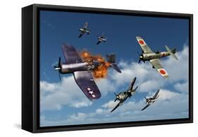 F4U Corsair Aircraft and Japanese Nakajima Fighter Planes in Aerial Combat-null-Framed Stretched Canvas