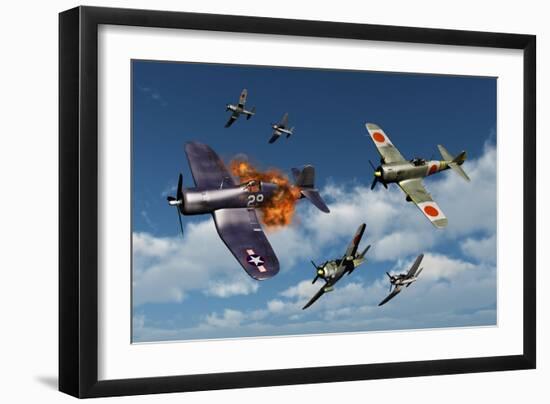 F4U Corsair Aircraft and Japanese Nakajima Fighter Planes in Aerial Combat-null-Framed Premium Giclee Print