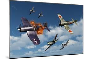 F4U Corsair Aircraft and Japanese Nakajima Fighter Planes in Aerial Combat-null-Mounted Art Print