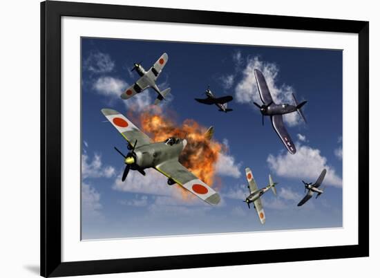 F4U Corsair Aircraft and Japanese Nakajima Fighter Planes in Aerial Combat-null-Framed Art Print