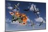 F4U Corsair Aircraft and Japanese Nakajima Fighter Planes in Aerial Combat-null-Mounted Premium Giclee Print
