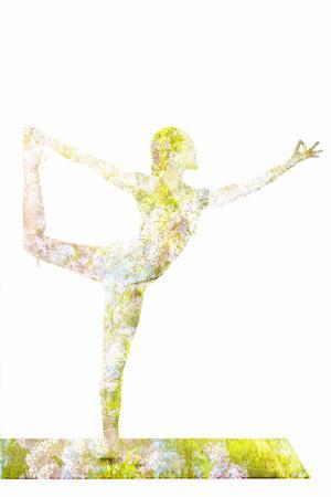 Nature Harmony Healthy Lifestyle Concept - Double Exposure Image of Woman Doing Yoga Asana Lord Of