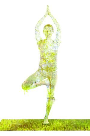 Nature Harmony Healthy Lifestyle Concept - Double Exposure Image of Woman Doing Yoga Tree Pose Asan