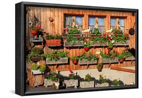 Facade of a Farmhouse decorated with Flowers, Beatenberg, Canton of Bern, Switzerland-null-Framed Art Print