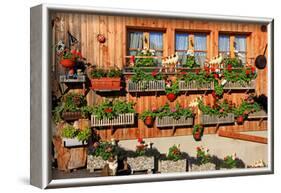 Facade of a Farmhouse decorated with Flowers, Beatenberg, Canton of Bern, Switzerland-null-Framed Art Print