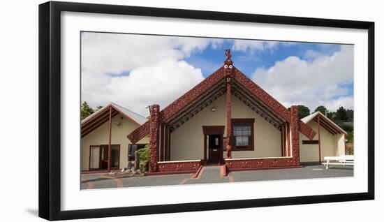 Facade of ancestral meeting house, Wahiao, Whakarewarewa Thermal Park, Whakarewarewa, Rotorua, B...-null-Framed Photographic Print