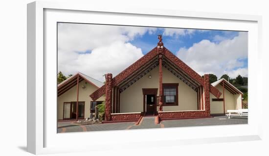 Facade of ancestral meeting house, Wahiao, Whakarewarewa Thermal Park, Whakarewarewa, Rotorua, B...-null-Framed Photographic Print